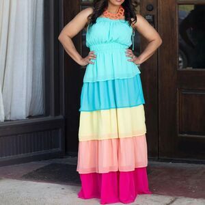 Aura Boho Pastel Rainbow Stripe Maxi Dress Spaghetti Strap Size XS